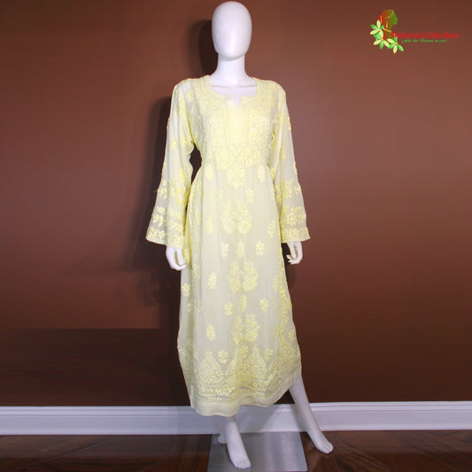 Maharani's Lucknowi Chikankari Top - Lemon Yellow (L) - Pure Georgette
