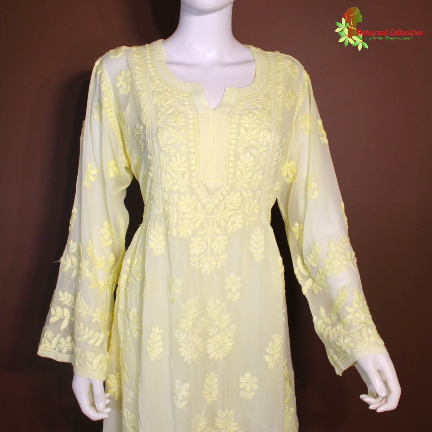 Maharani's Lucknowi Chikankari Top - Lemon Yellow (L) - Pure Georgette