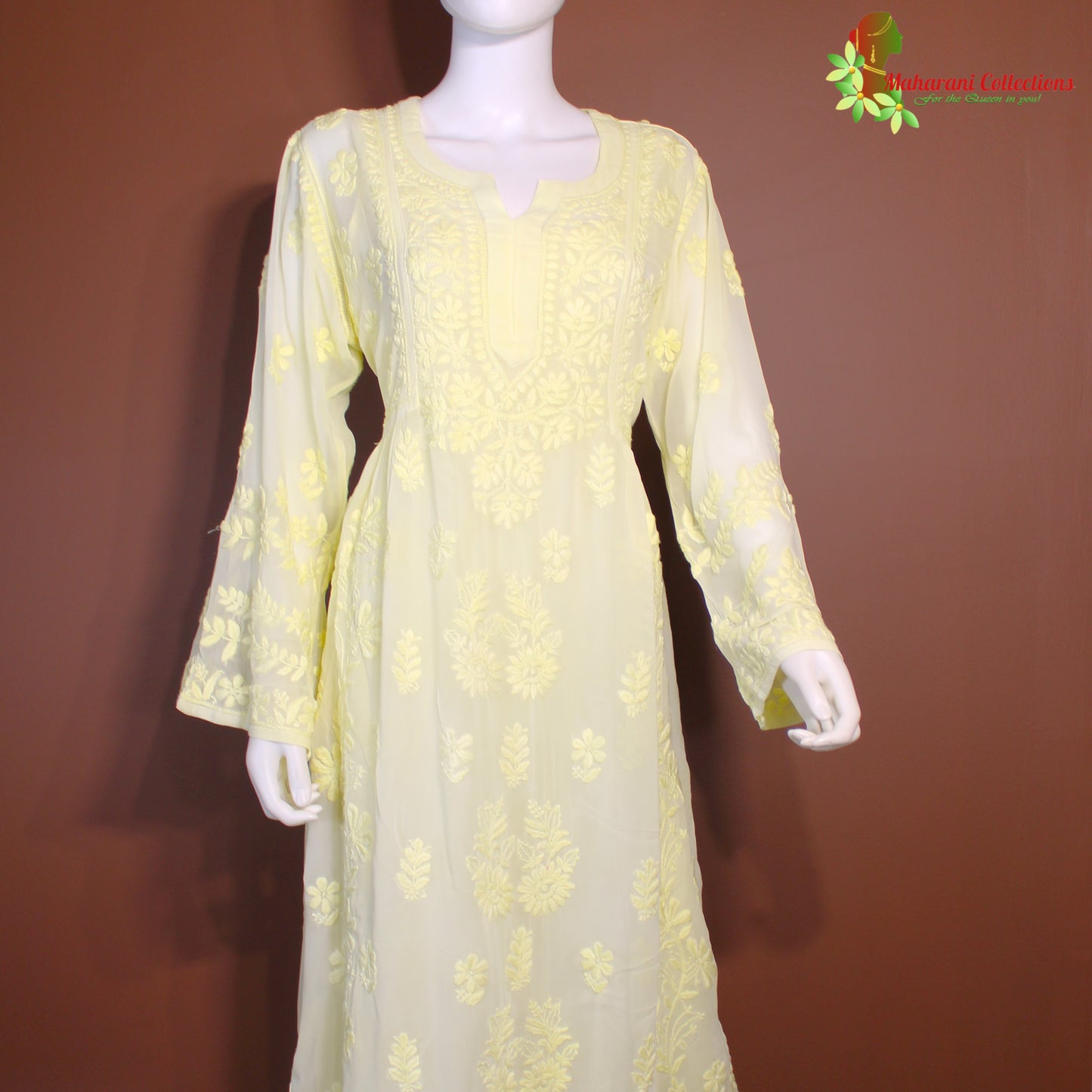 Maharani's Lucknowi Chikankari Top - Lemon Yellow (L) - Pure Georgette
