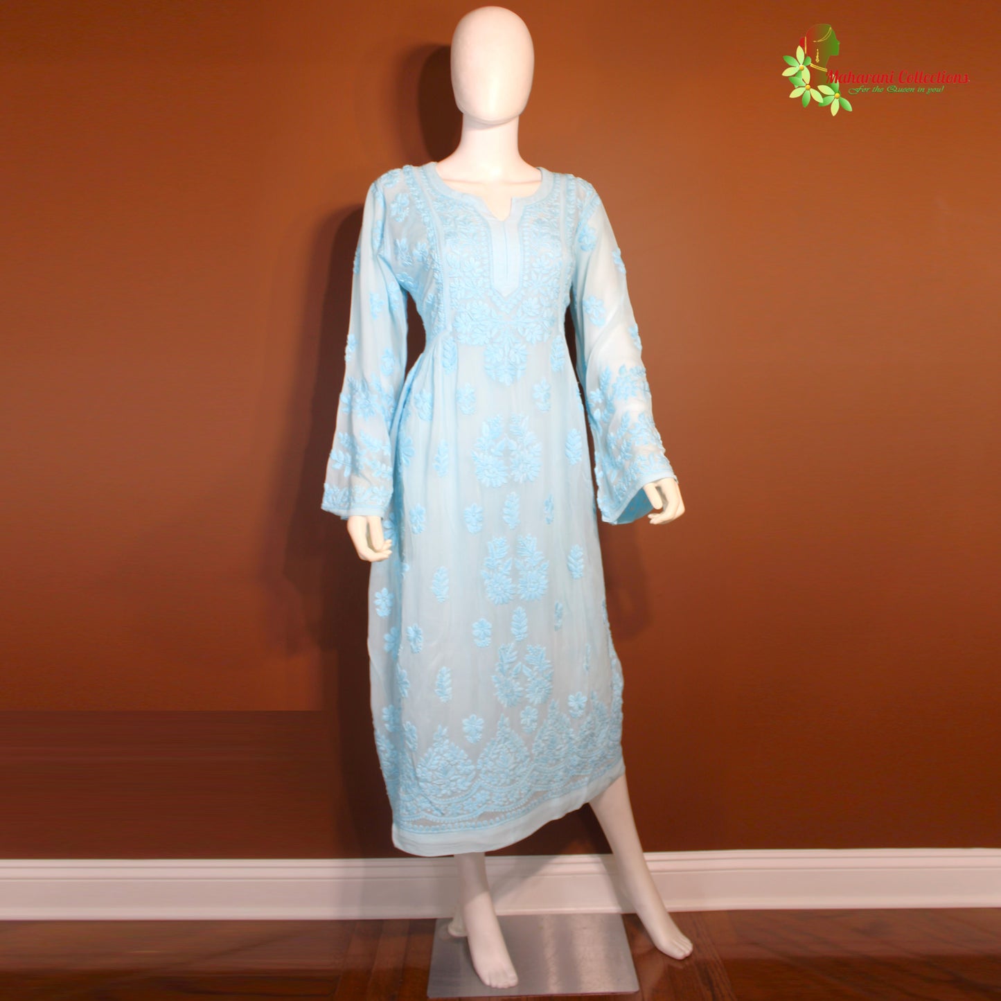Maharani's Lucknowi Chikankari Top - Sky Blue (L) - Pure Georgette