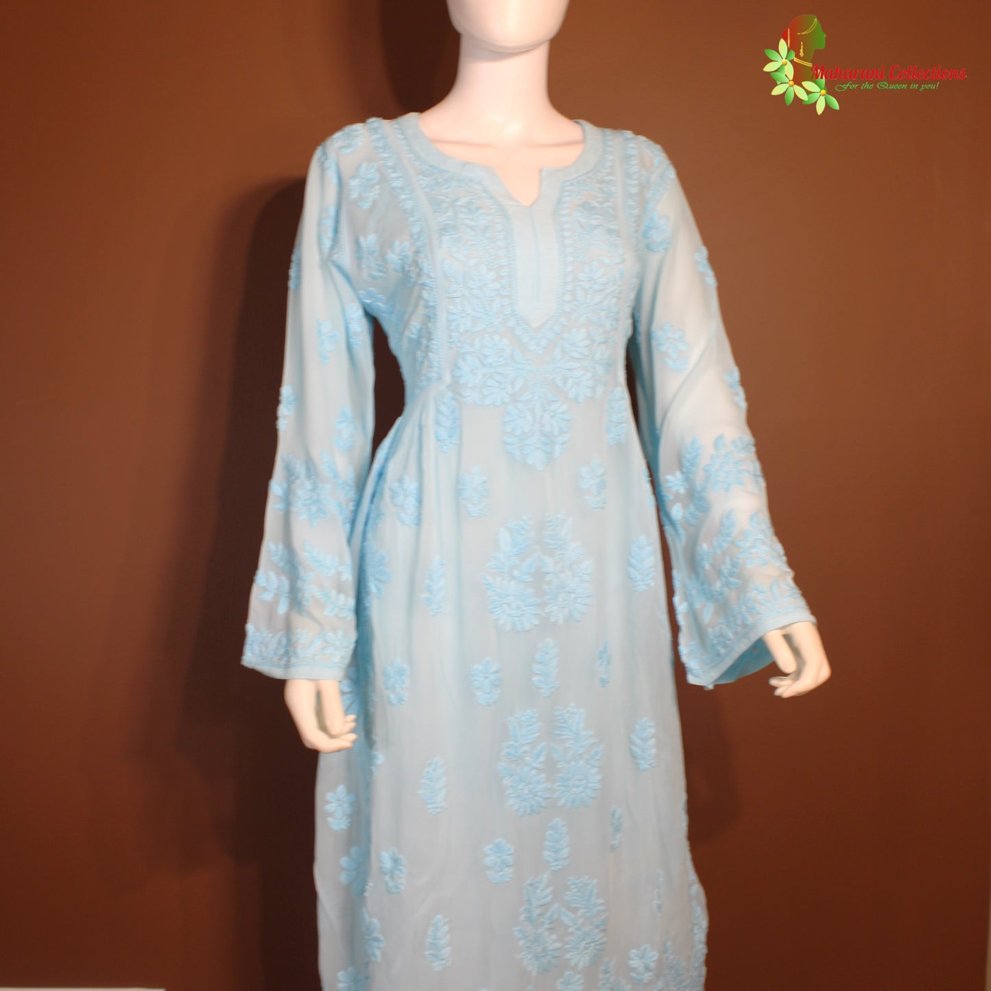 Maharani's Lucknowi Chikankari Top - Sky Blue (L) - Pure Georgette
