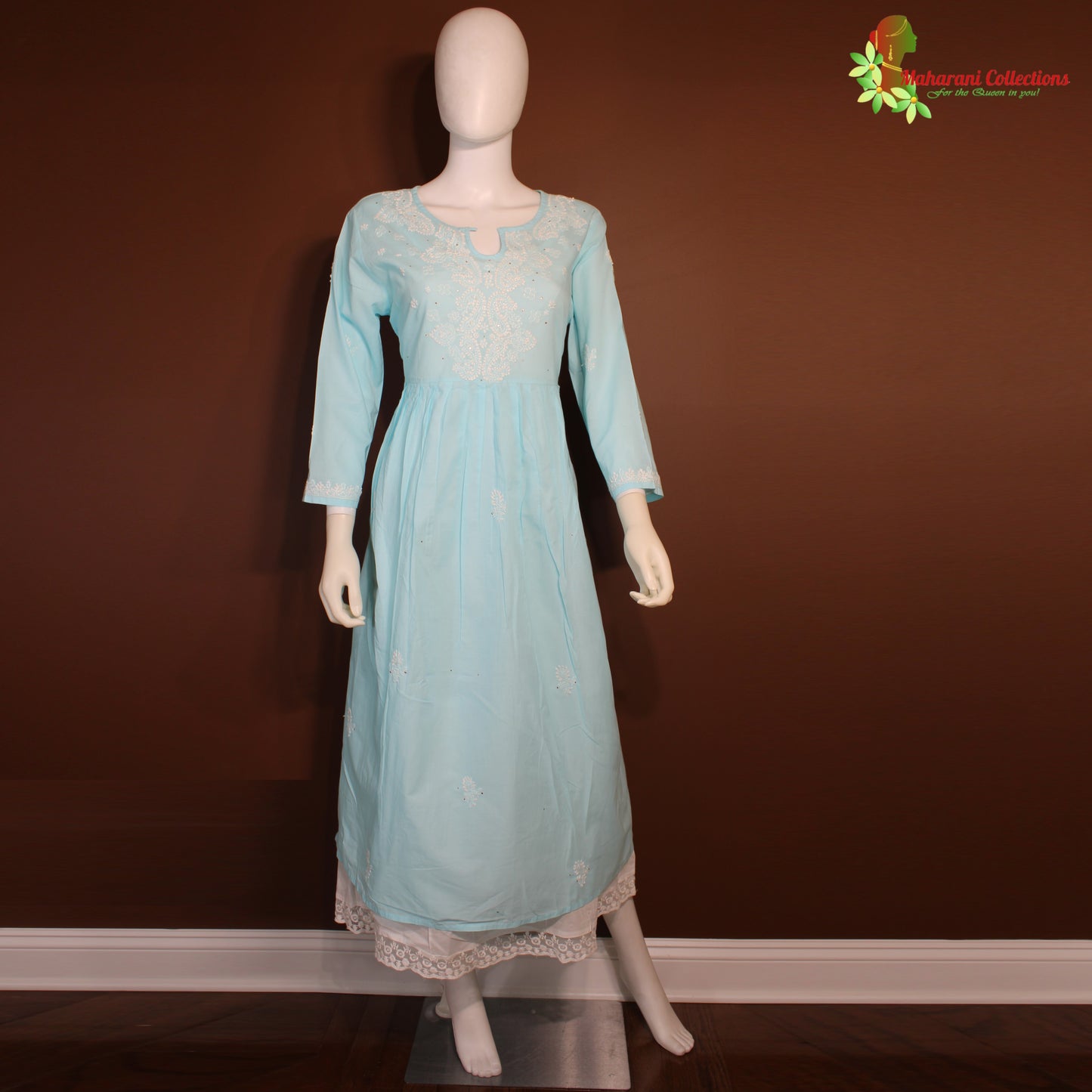 Maharani's Lucknowi Chikankari Long Top - Light Blue (L) - Pure Cotton