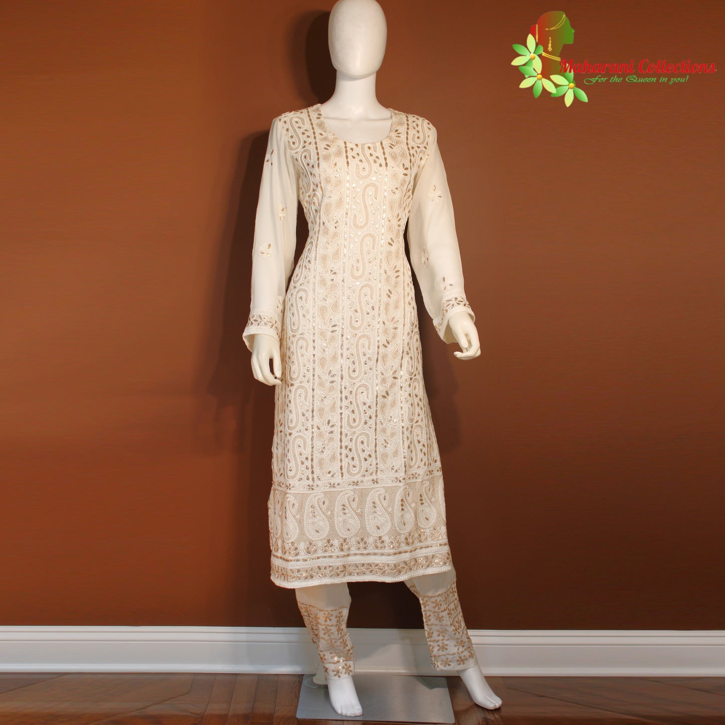 Maharani's Lucknowi Chikankari Palazzo Suit - White (L) - Pure Georgette