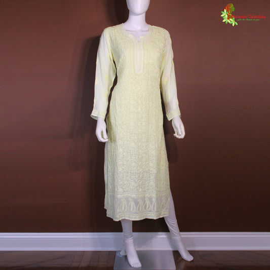 Maharani's Lucknowi Chikankari Georgette Kurta Top - Light Yellow (L)