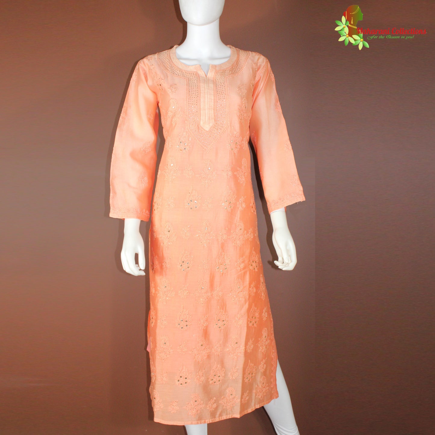 Maharani's Chanderi Silk Kurta Top - Peach (L)
