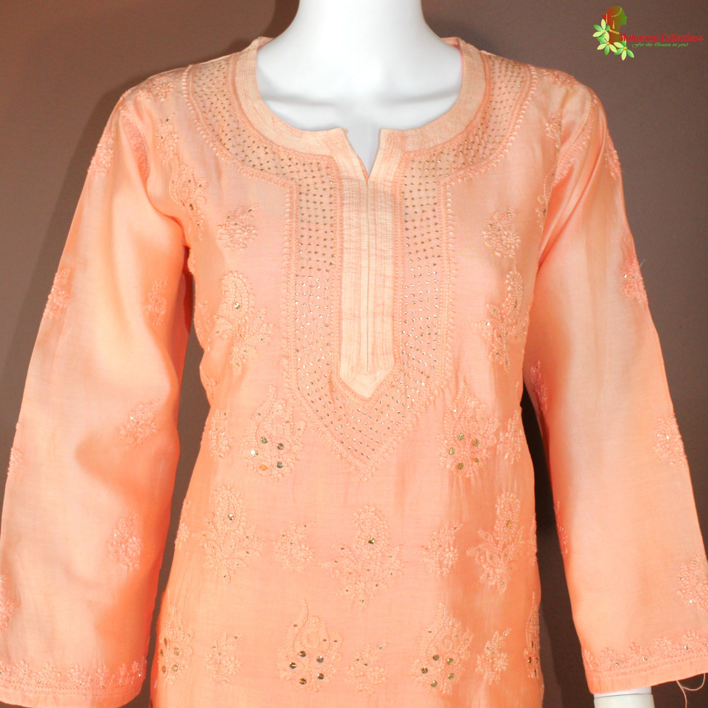 Maharani's Chanderi Silk Kurta Top - Peach (L)