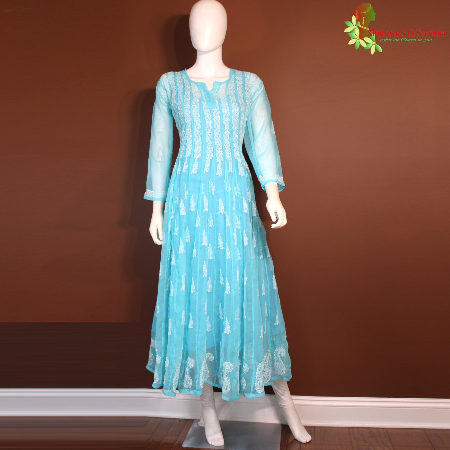 Maharani's Lucknowi Chikankari Anarkali Suit - Sky Blue (L) - Pure Georgette