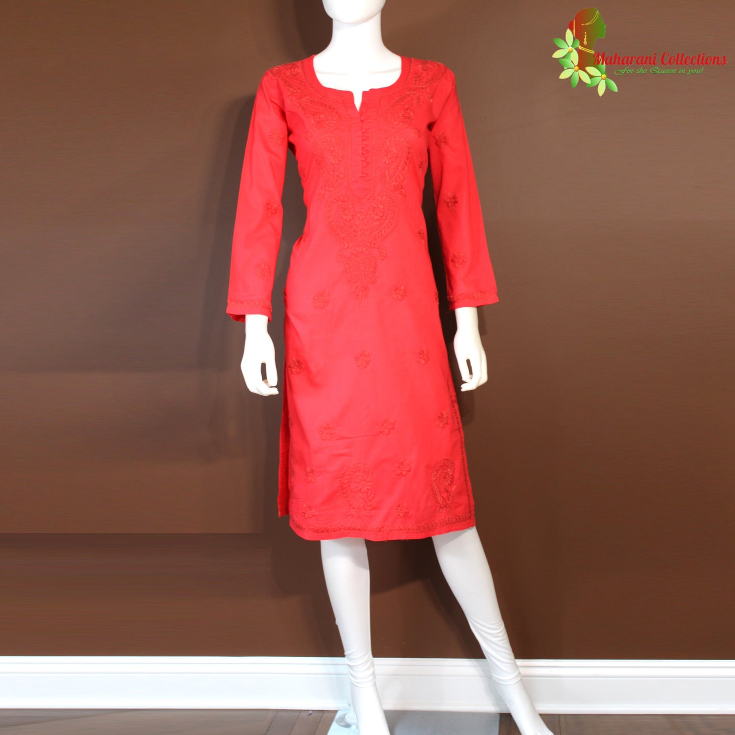 Maharani's Soft Cotton Lucknowi Kurta Top - Red (M)