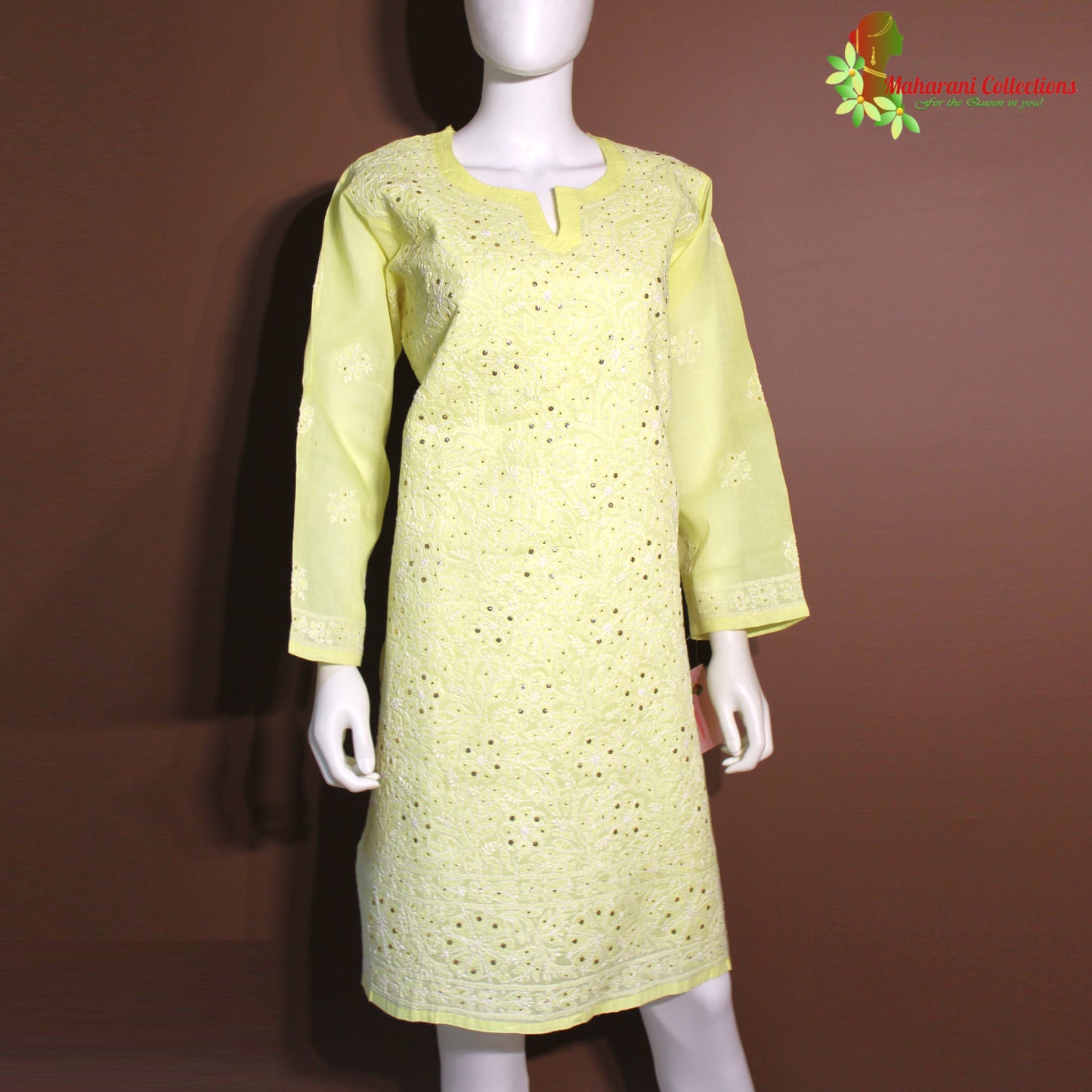 Maharani's Soft Cotton Lucknowi Kurta Top - Light Yellow (XL)