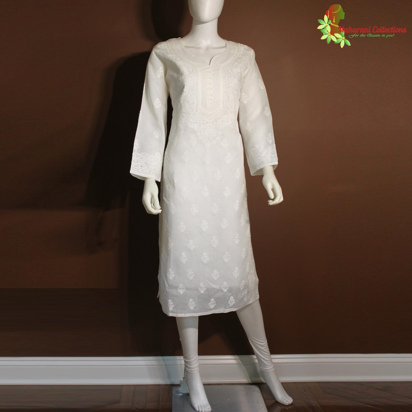 Maharani's Lucknowi Chikankari Kurta Top - White (XL) - Pure Cotton