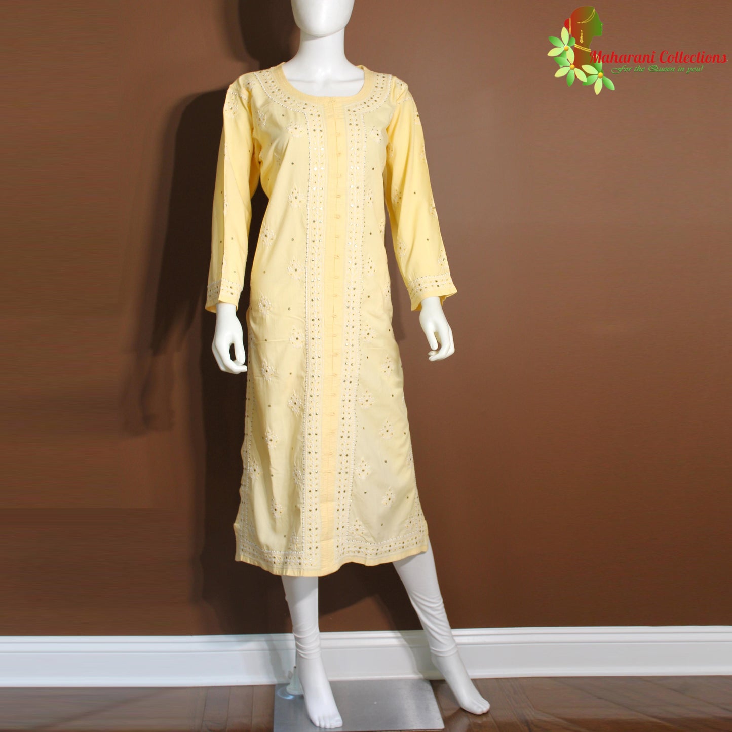 Maharani's Lucknowi Chikankari Pant Suit - Light Yellow (XL) - Soft Muslin Silk