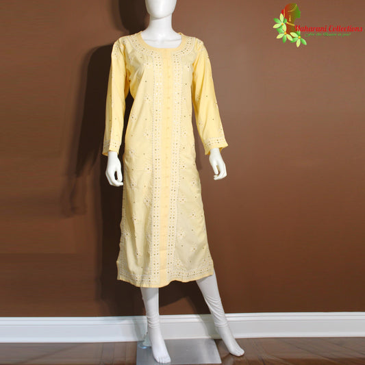 Maharani's Lucknowi Chikankari Pant Suit - Light Yellow (XL) - Soft Muslin Silk