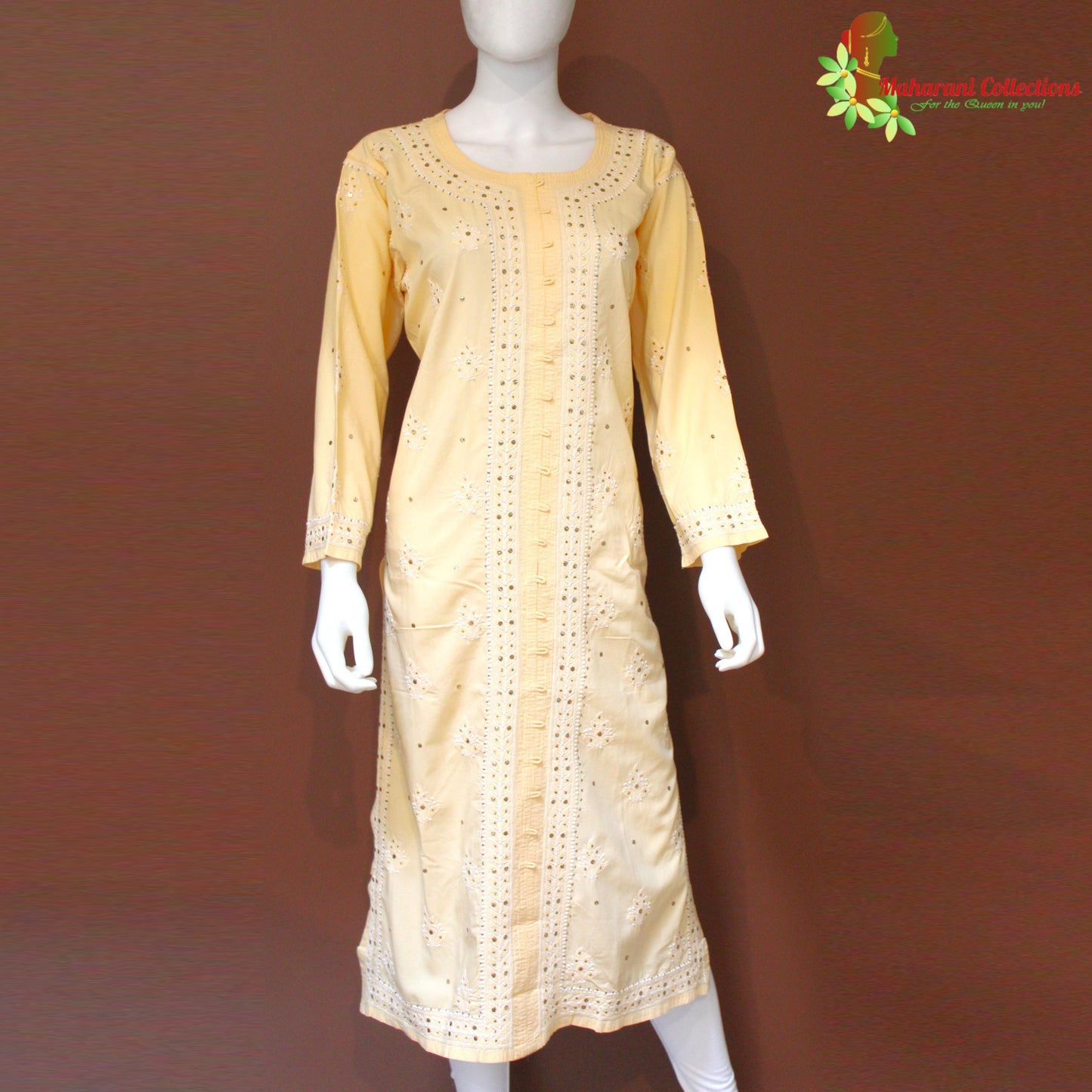 Maharani's Lucknowi Chikankari Pant Suit - Light Yellow (XL) - Soft Muslin Silk