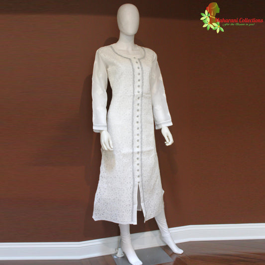 Maharani's Lucknowi Chikankari Pant Suit - White (M) - Pure Cotton