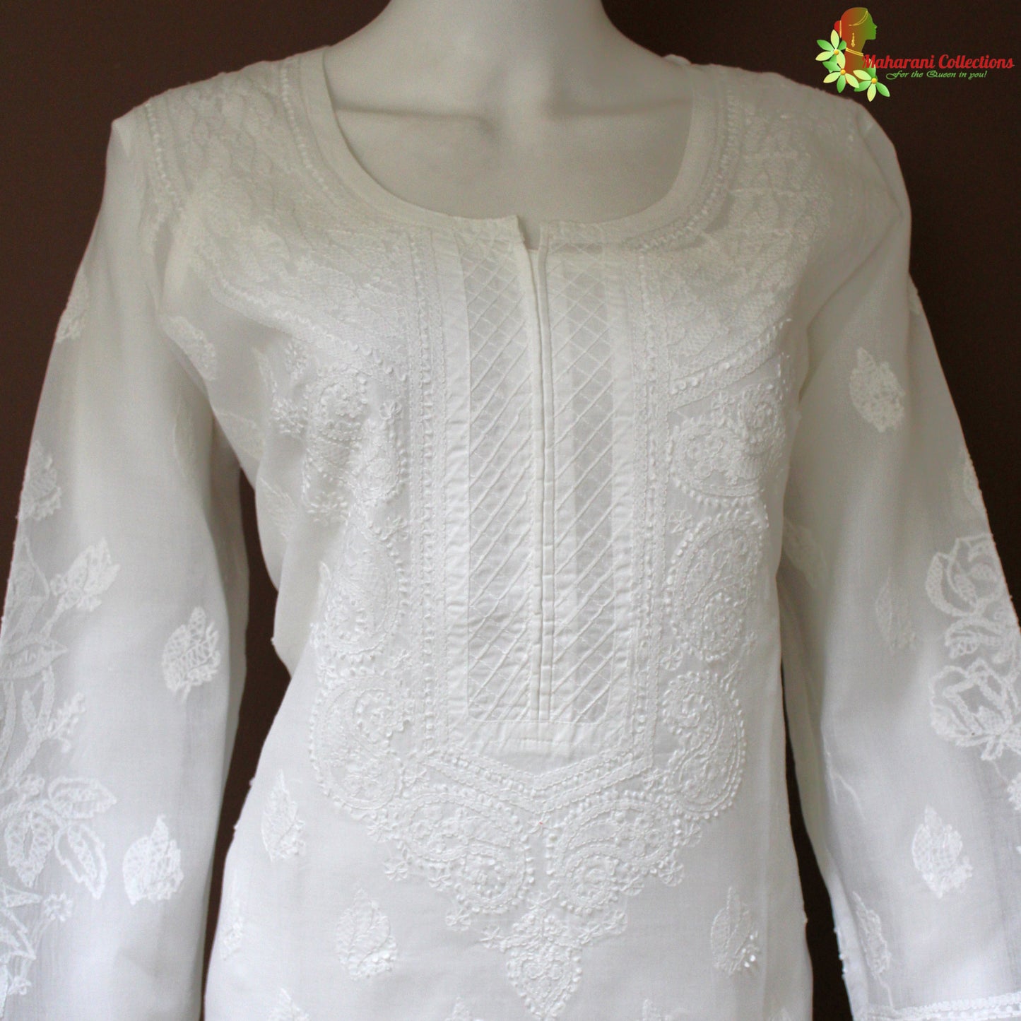 Maharani's Lucknowi Chikankari Kurta Top - White (XL) - Pure Cotton