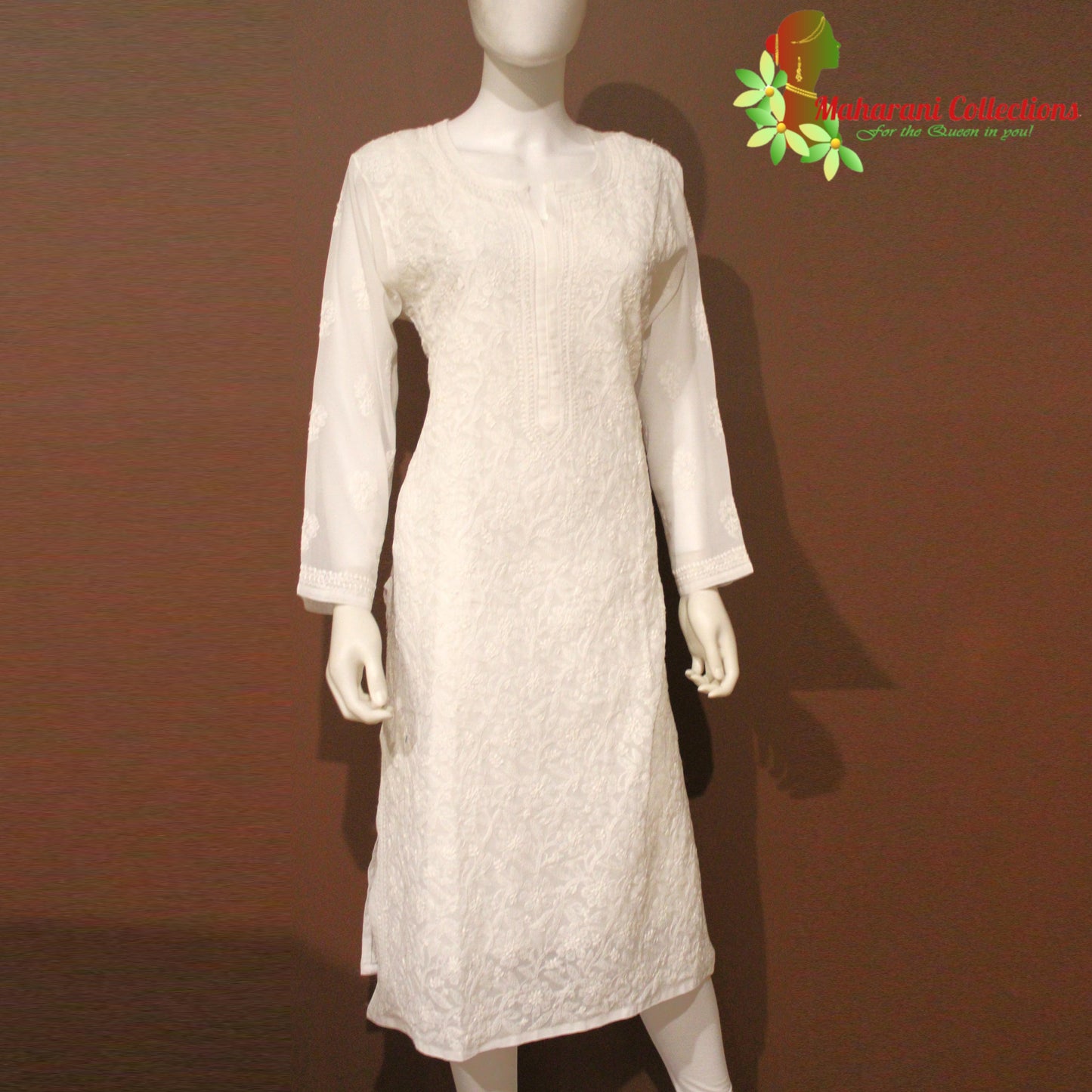 Lucknowi Chikankari Kurta Top - White (XXL) - Pure Georgette