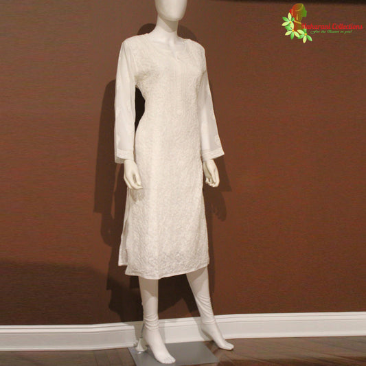 Lucknowi Chikankari Kurta Top - White (XXL) - Pure Georgette