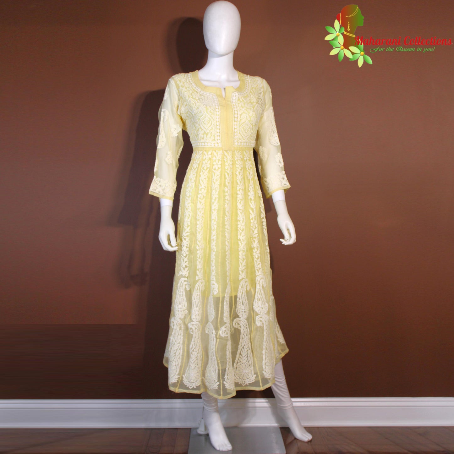 Maharani's Lucknowi Chikankari Anarkali Suit - Light Yellow (L) - Pure Georgette