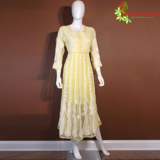 Maharani's Lucknowi Chikankari Anarkali Suit - Light Yellow (L) - Pure Georgette