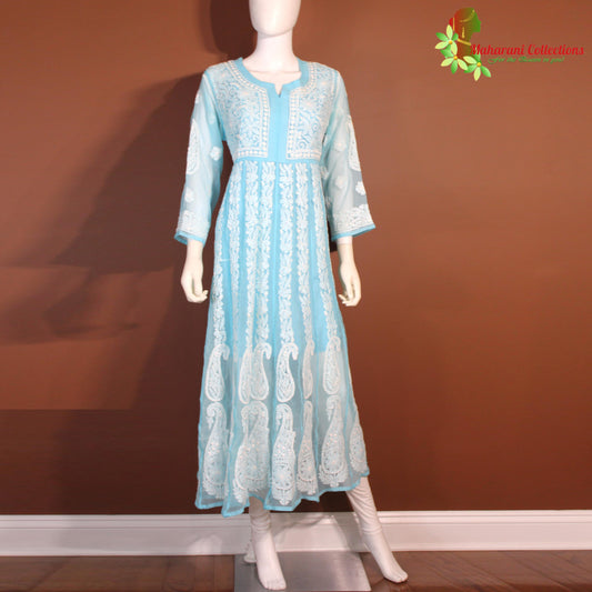 Maharani's Lucknowi Chikankari Anarkali Suit - Sky Blue (L) - Pure Georgette