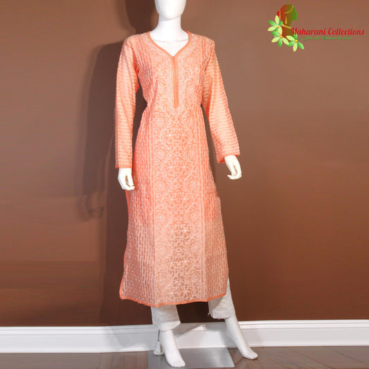 Maharani's Lucknowi Chikankari Pant Suit - Peach (L) - Chanderi Silk