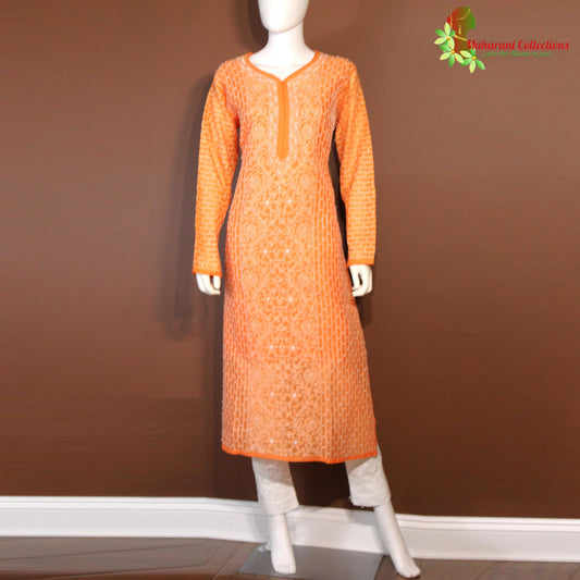 Maharani's Lucknowi Chikankari Pant Suit - Orange (XL) - Chanderi Silk