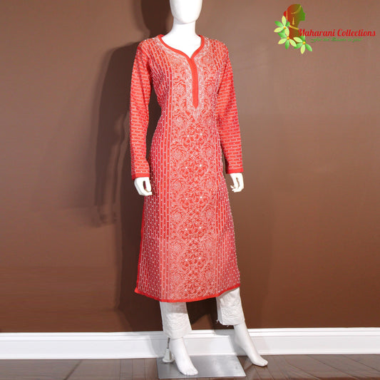 Maharani's Lucknowi Chikankari Pant Suit - Red (L) - Chanderi Silk