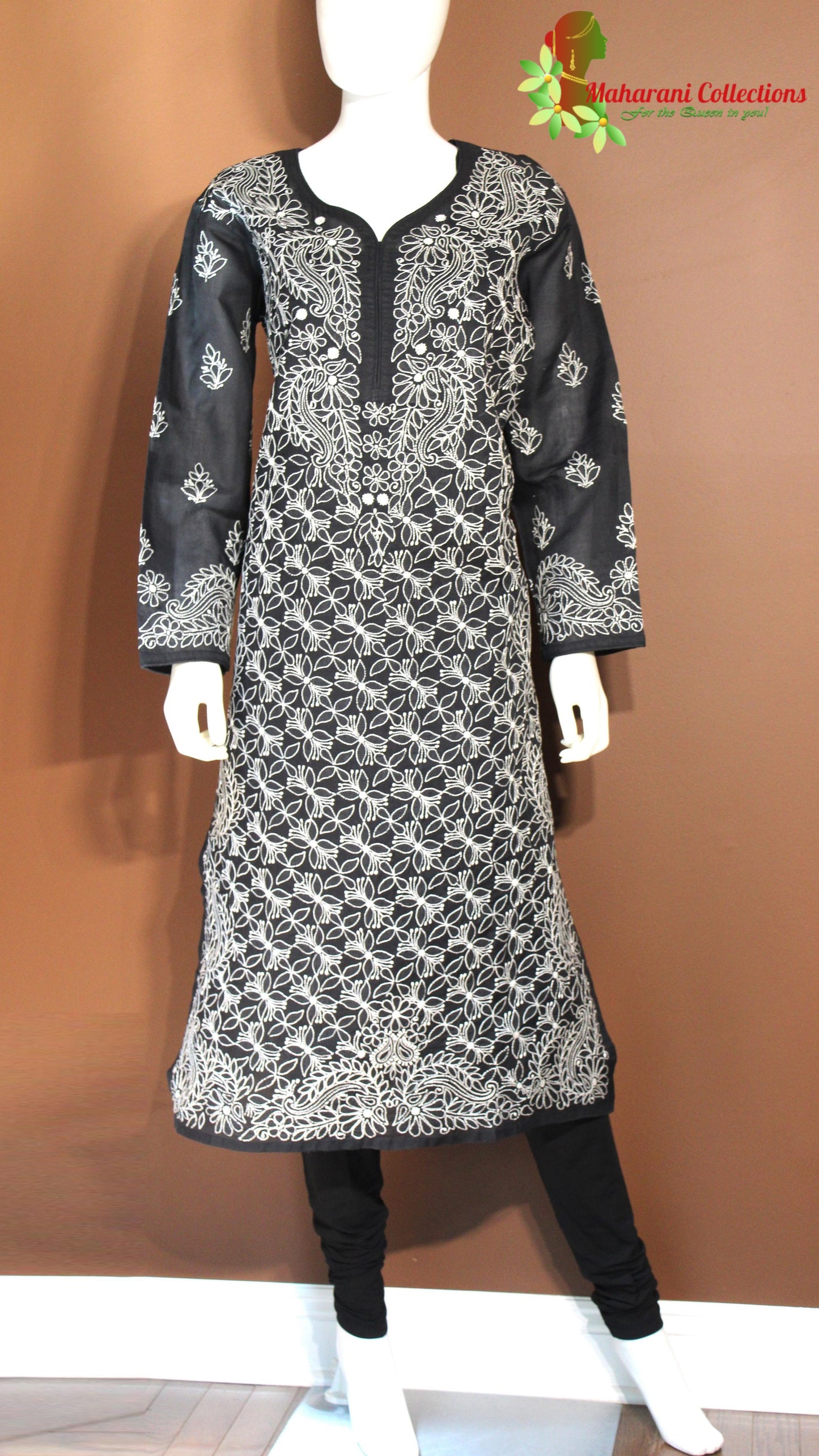 Maharani's Lucknowi Chikankari Pant Suit - Black (L) - Pure Cotton
