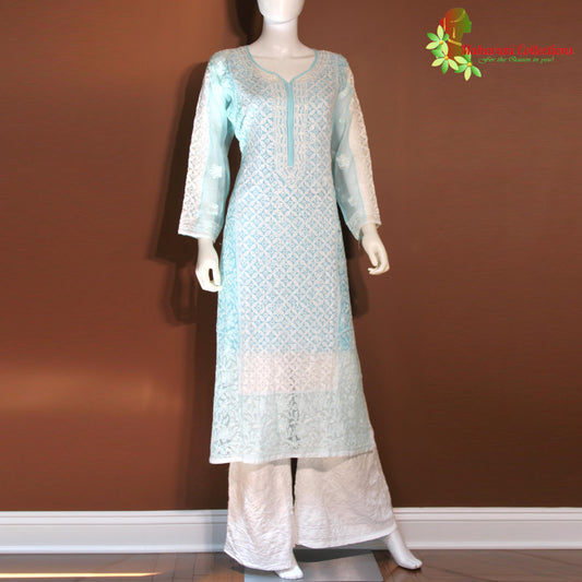 Maharani's Lucknowi Chikankari Palazzo Suit - Light Blue (L) - Pure Georgette