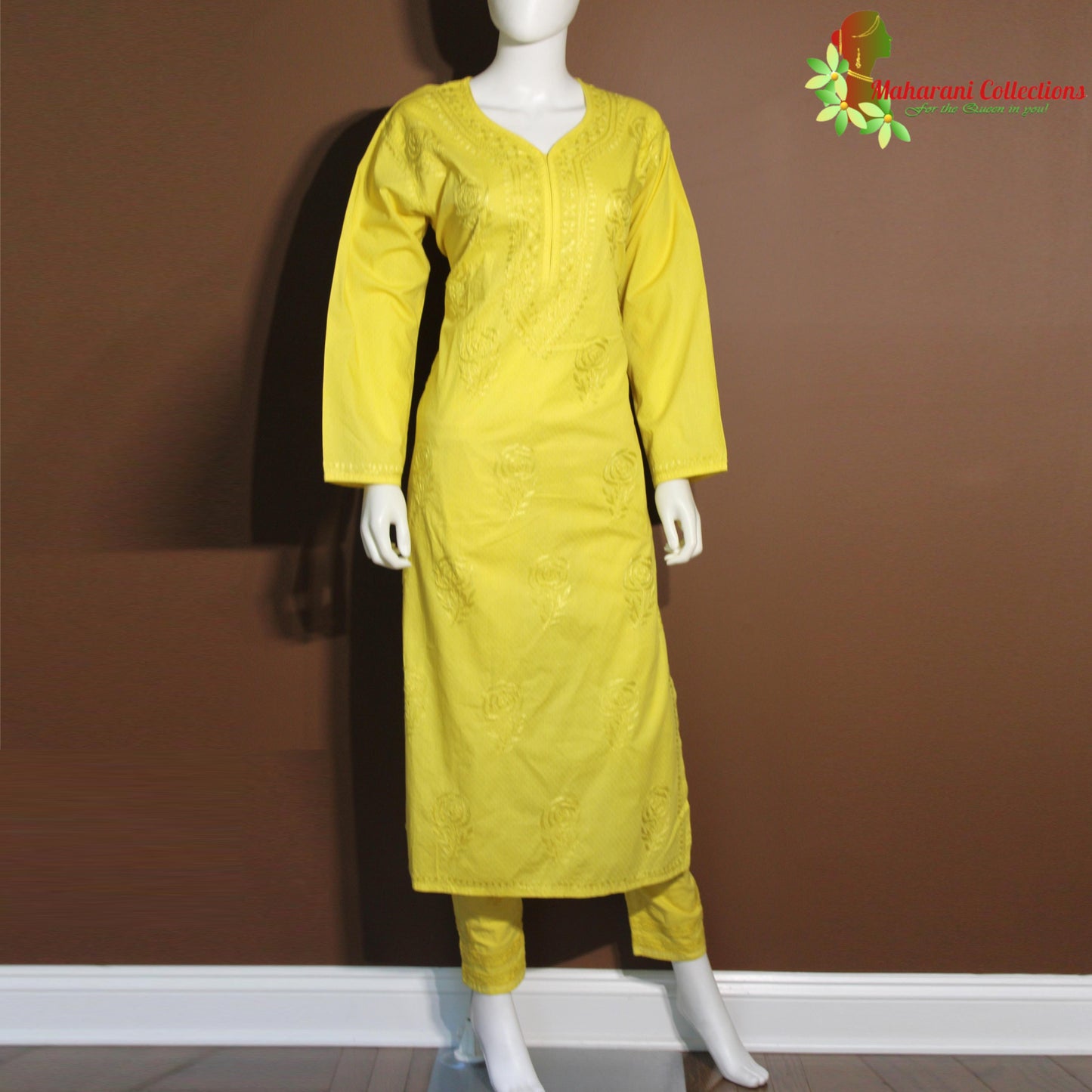 Maharani's Lucknowi Chikankari Pant Suit - Yellow (XL) - Pure Cotton