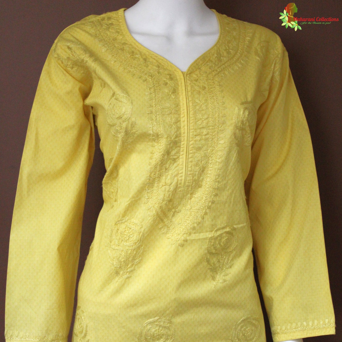 Maharani's Lucknowi Chikankari Pant Suit - Yellow (XL) - Pure Cotton