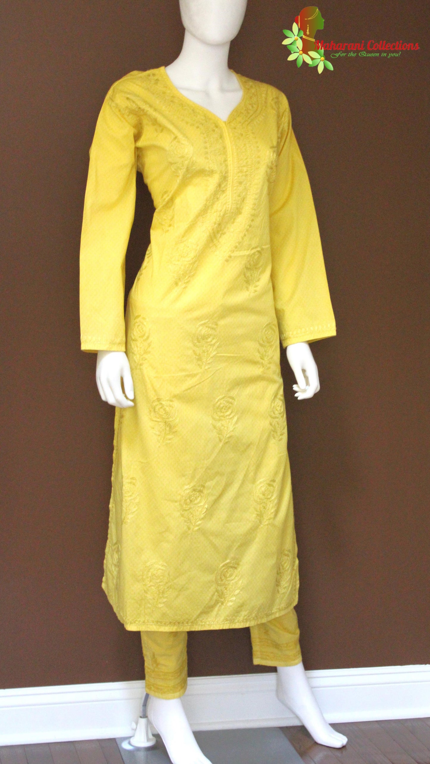 Maharani's Lucknowi Chikankari Pant Suit - Yellow (XL) - Pure Cotton
