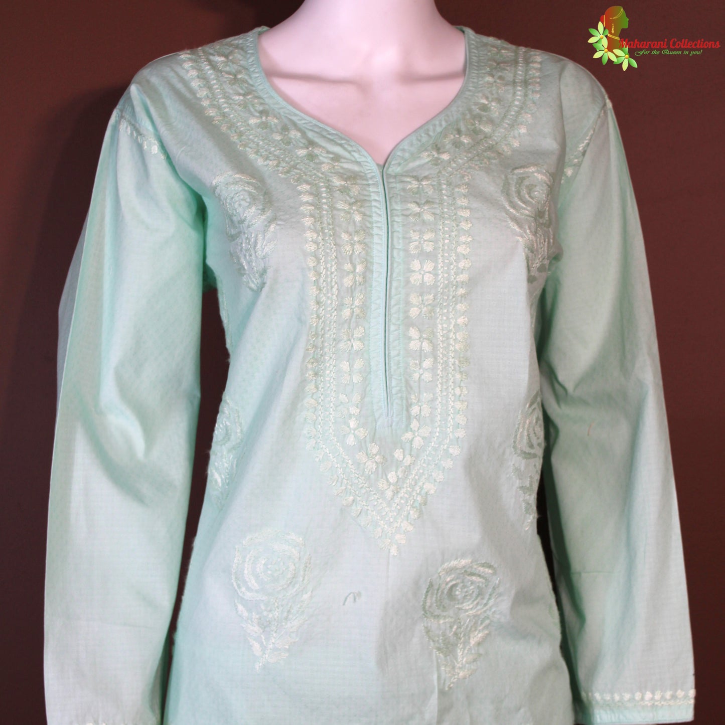 Maharani's Lucknowi Chikankari Pant Suit - Sea Green (L) - Cotton Silk