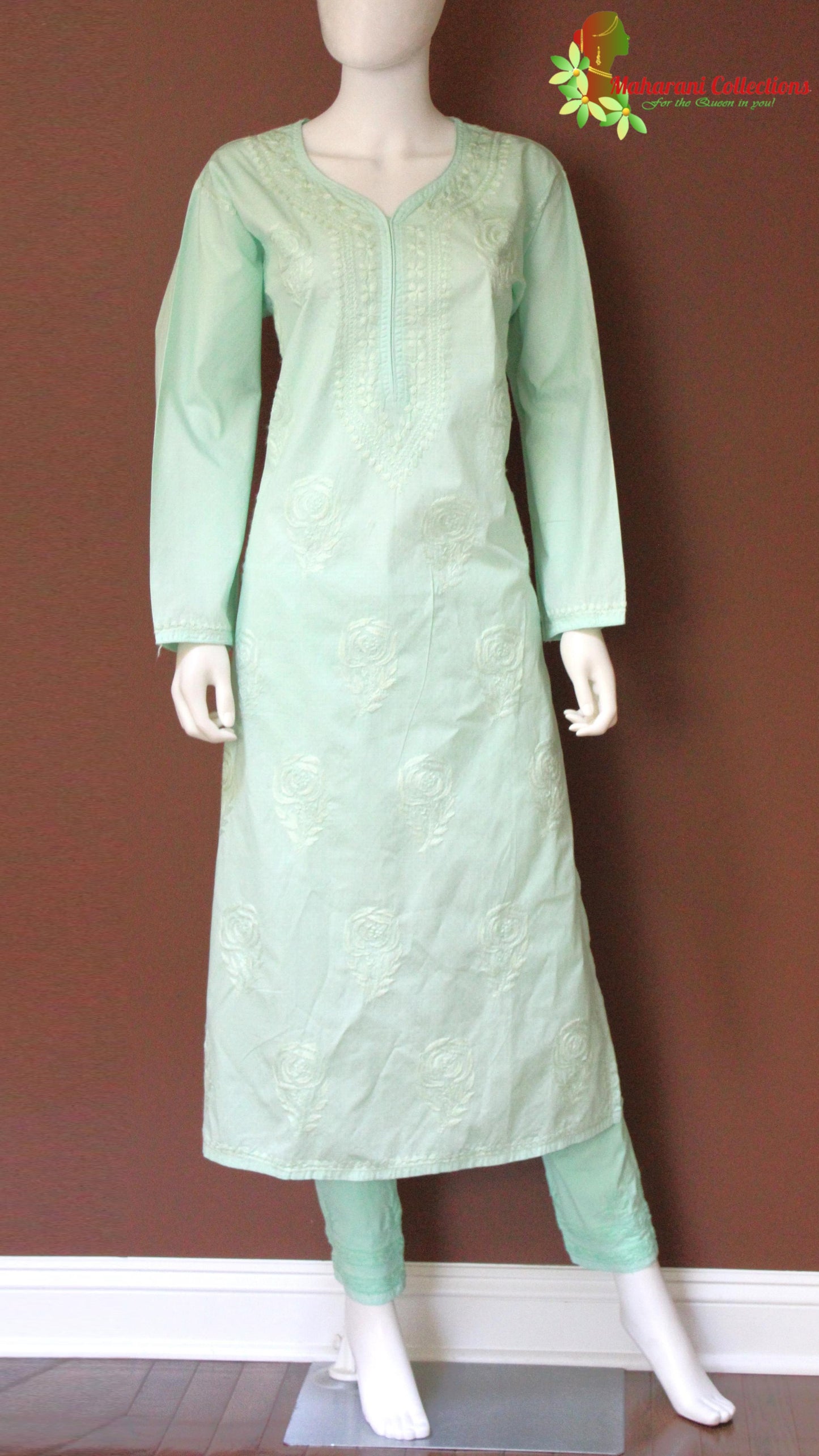 Maharani's Lucknowi Chikankari Pant Suit - Sea Green (L) - Cotton Silk