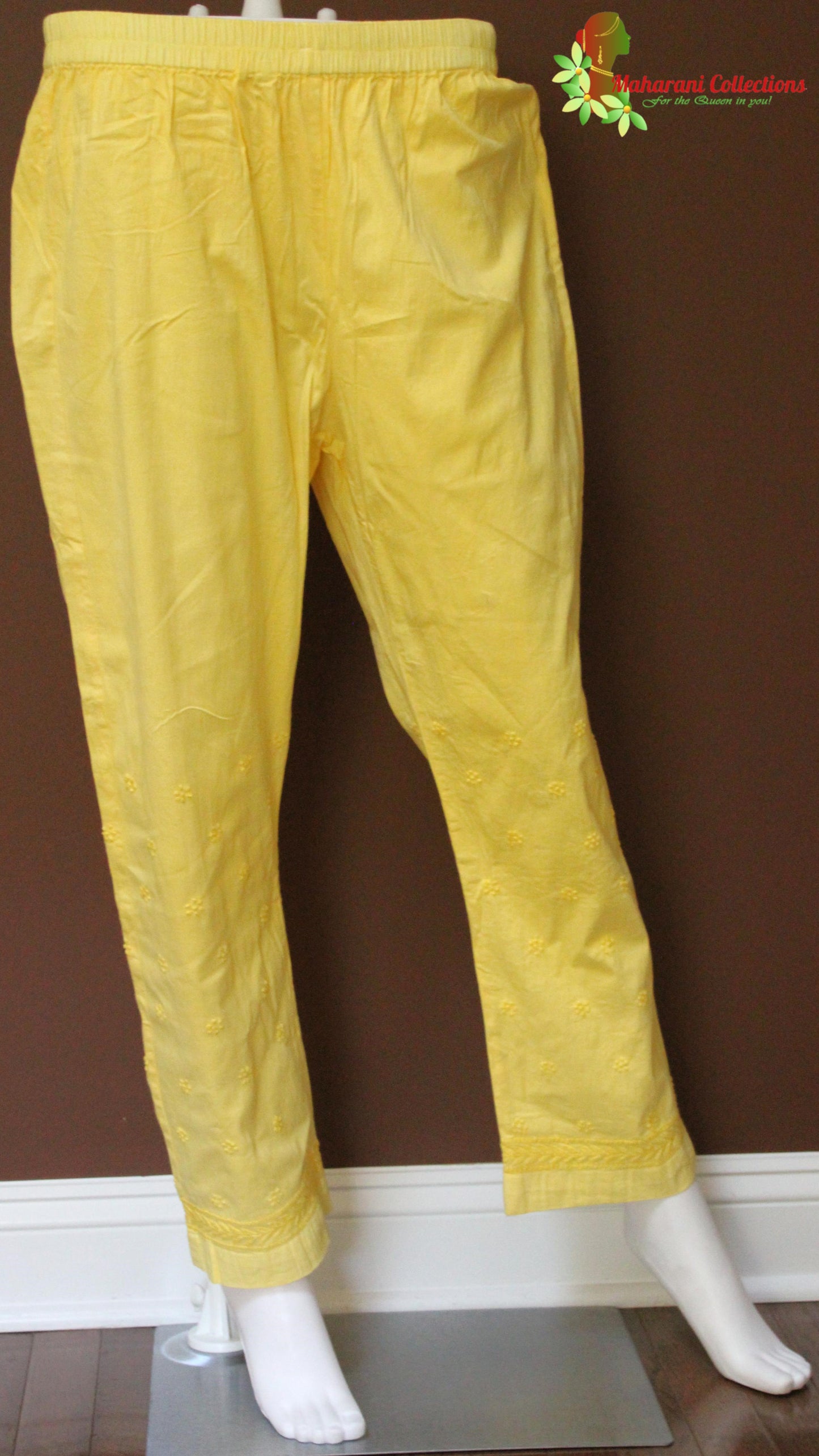 Maharani's Lucknowi Chikankari Pant Suit - Yellow (M) - Cotton Silk