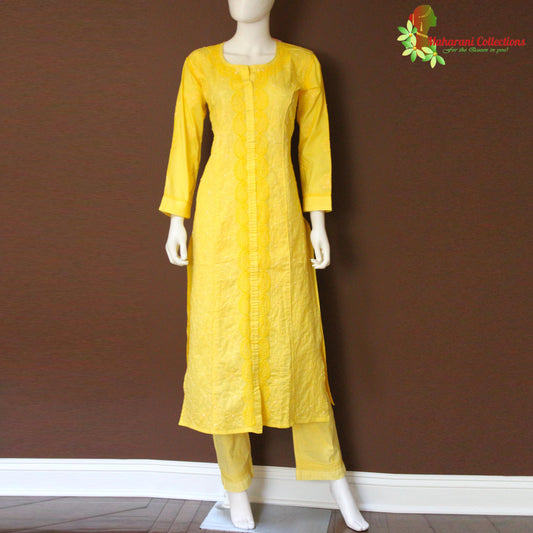 Maharani's Lucknowi Chikankari Pant Suit - Yellow (M) - Cotton Silk