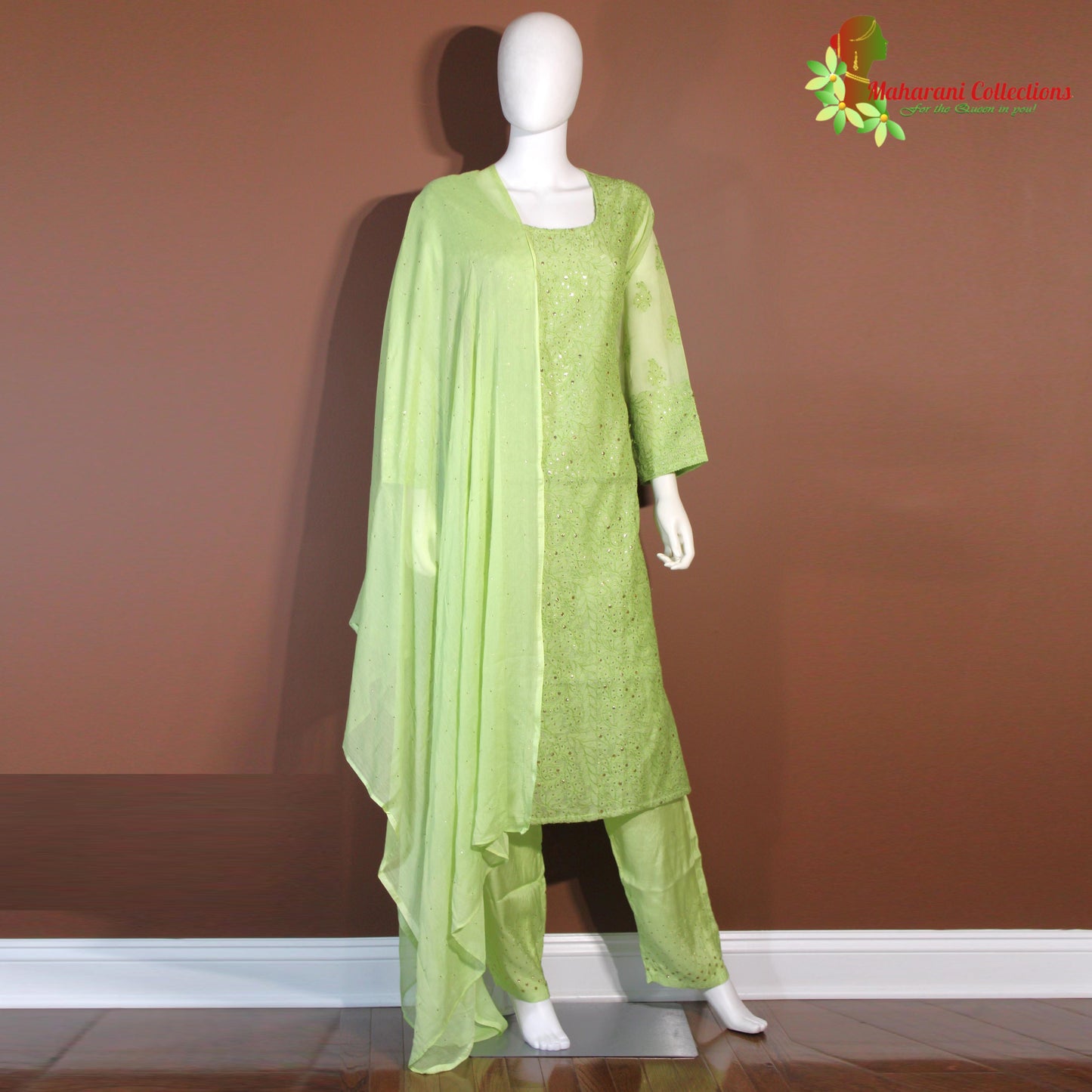 Maharani's Lucknowi Chikankari Palazzo Suit - Olive Green (XXL) - Silk