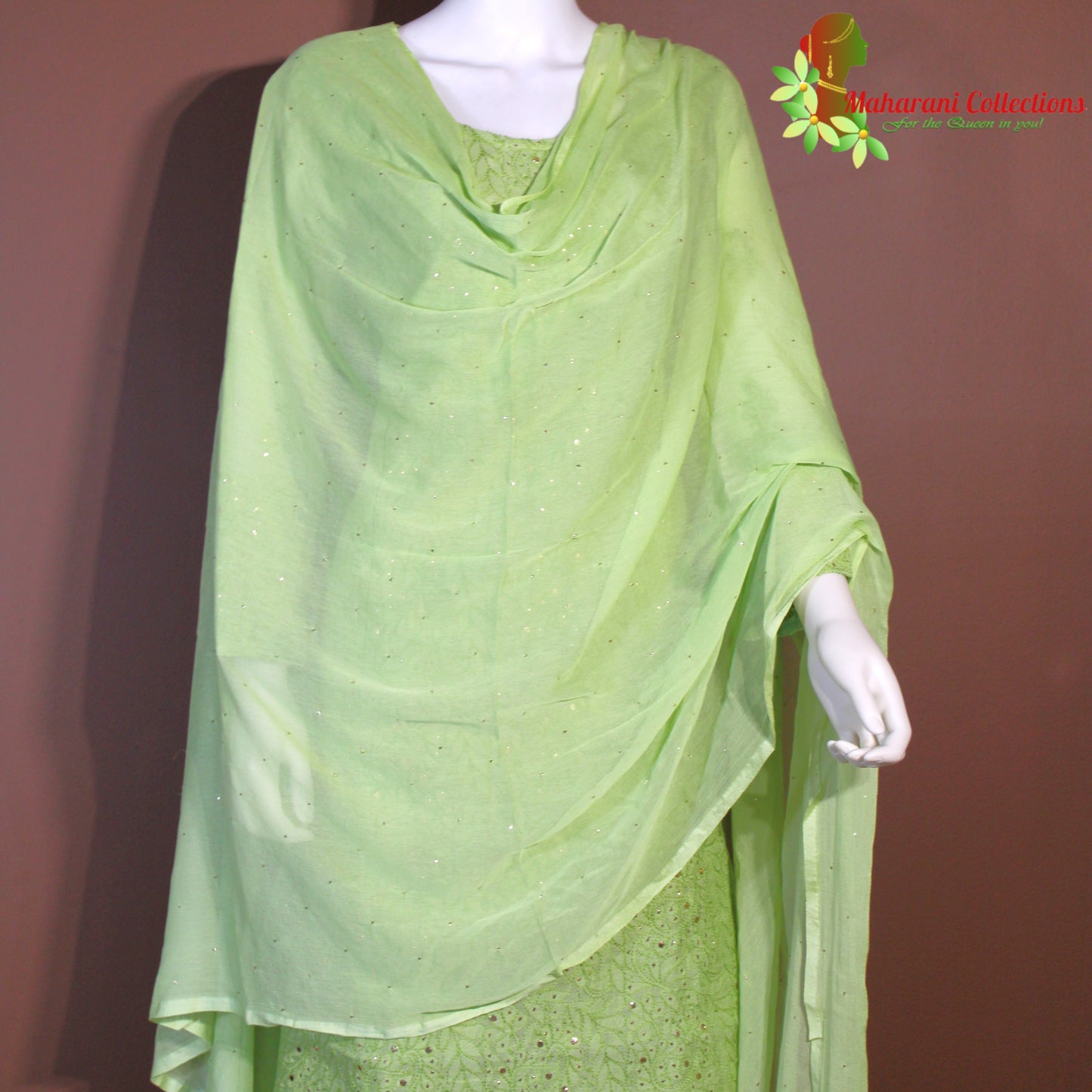 Maharani's Lucknowi Chikankari Palazzo Suit - Olive Green (XXL) - Silk