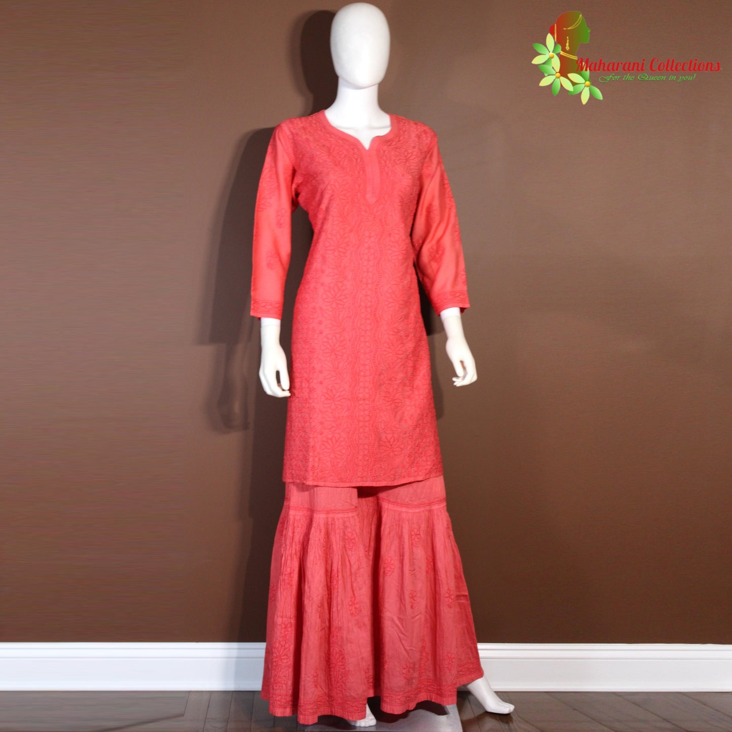 Maharani's Lucknowi Chikankari Sharara Suit - Red (XL) - Pure Cotton
