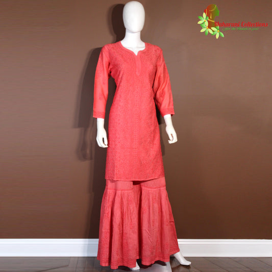 Maharani's Lucknowi Chikankari Sharara Suit - Red (XL) - Pure Cotton