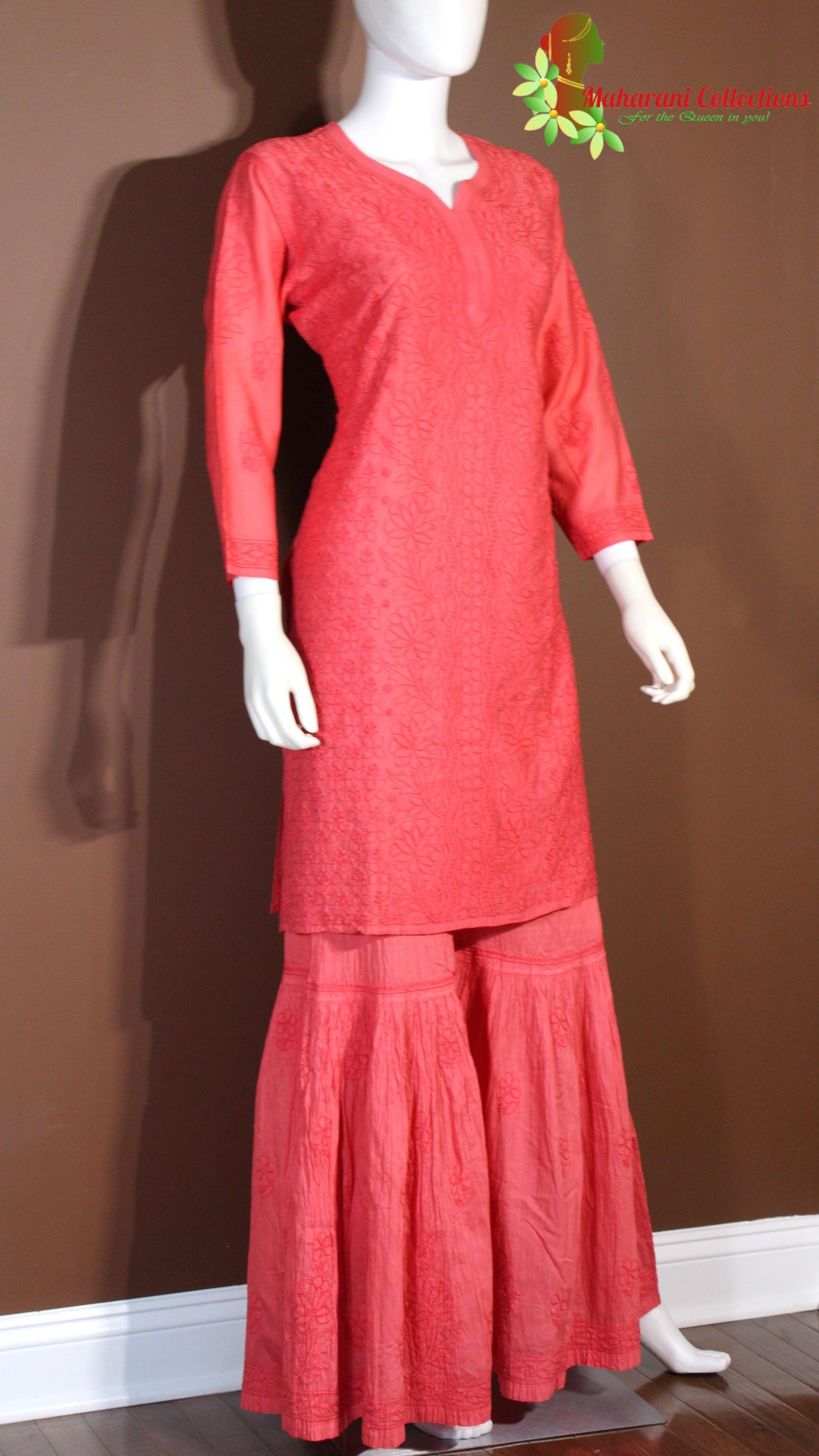 Maharani's Lucknowi Chikankari Sharara Suit - Red (XL) - Pure Cotton