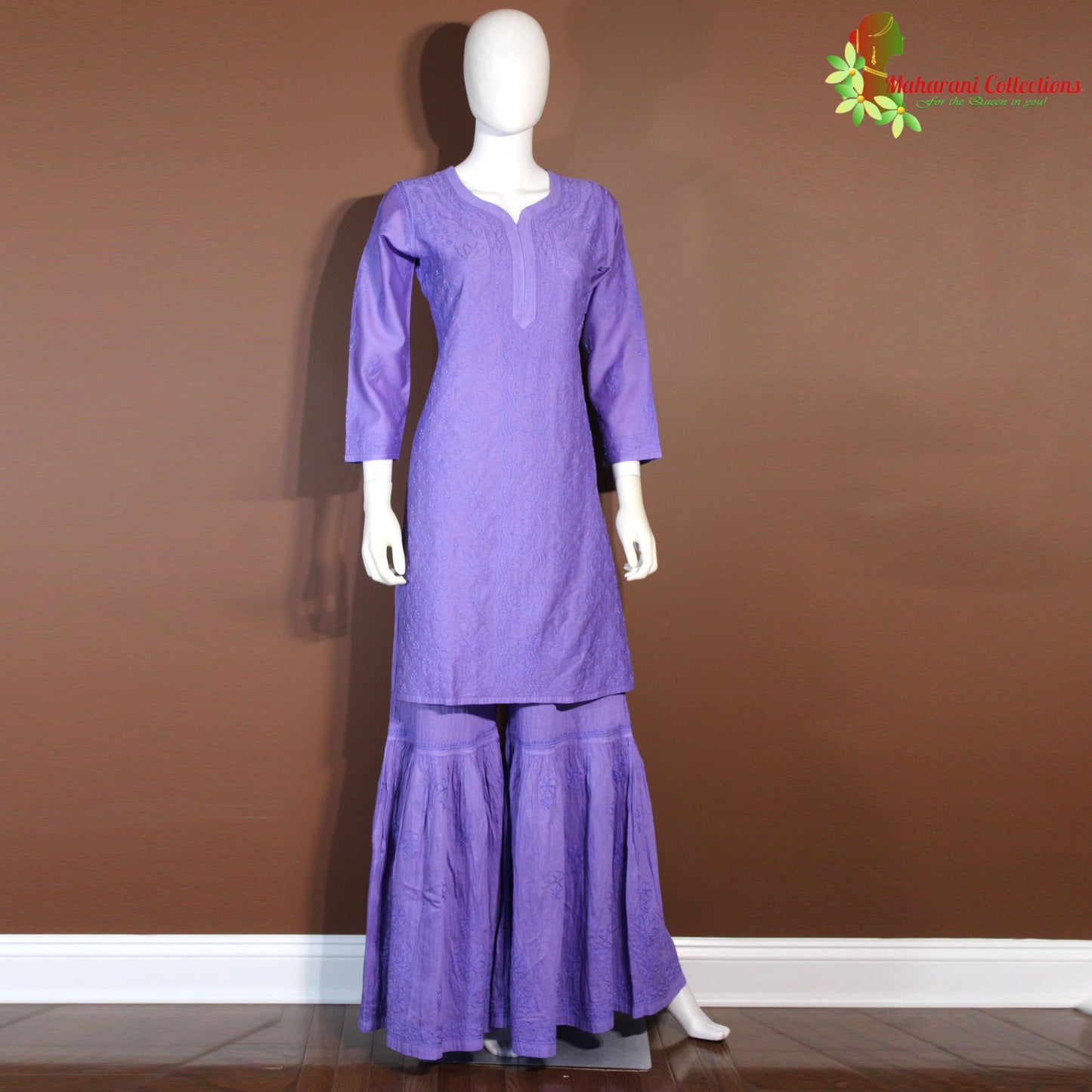Maharani's Lucknowi Chikankari Sharara Suit - Purple (M) - Pure Cotton