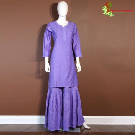 Maharani's Lucknowi Chikankari Sharara Suit - Purple (M) - Pure Cotton
