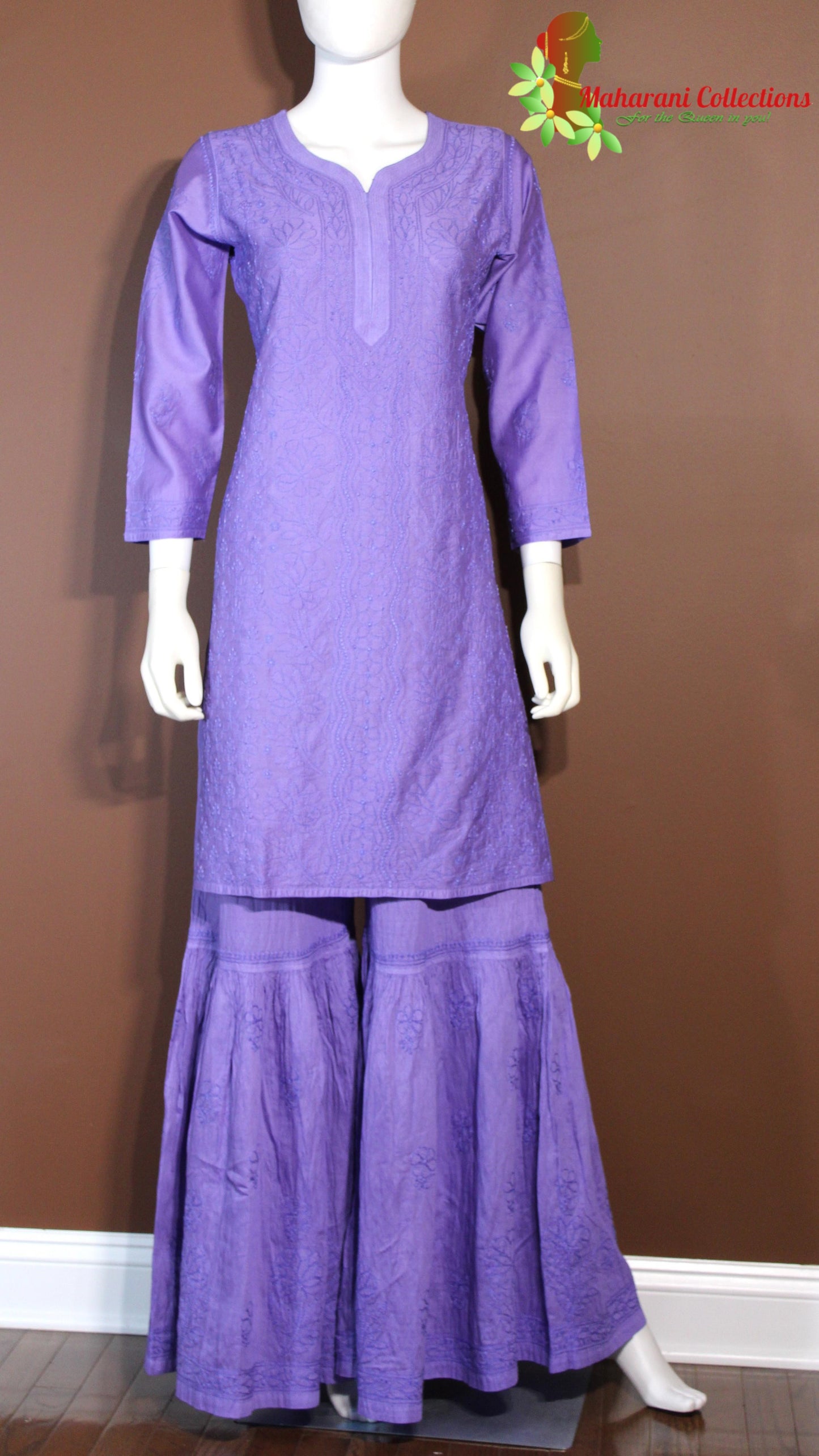 Maharani's Lucknowi Chikankari Sharara Suit - Purple (M) - Pure Cotton