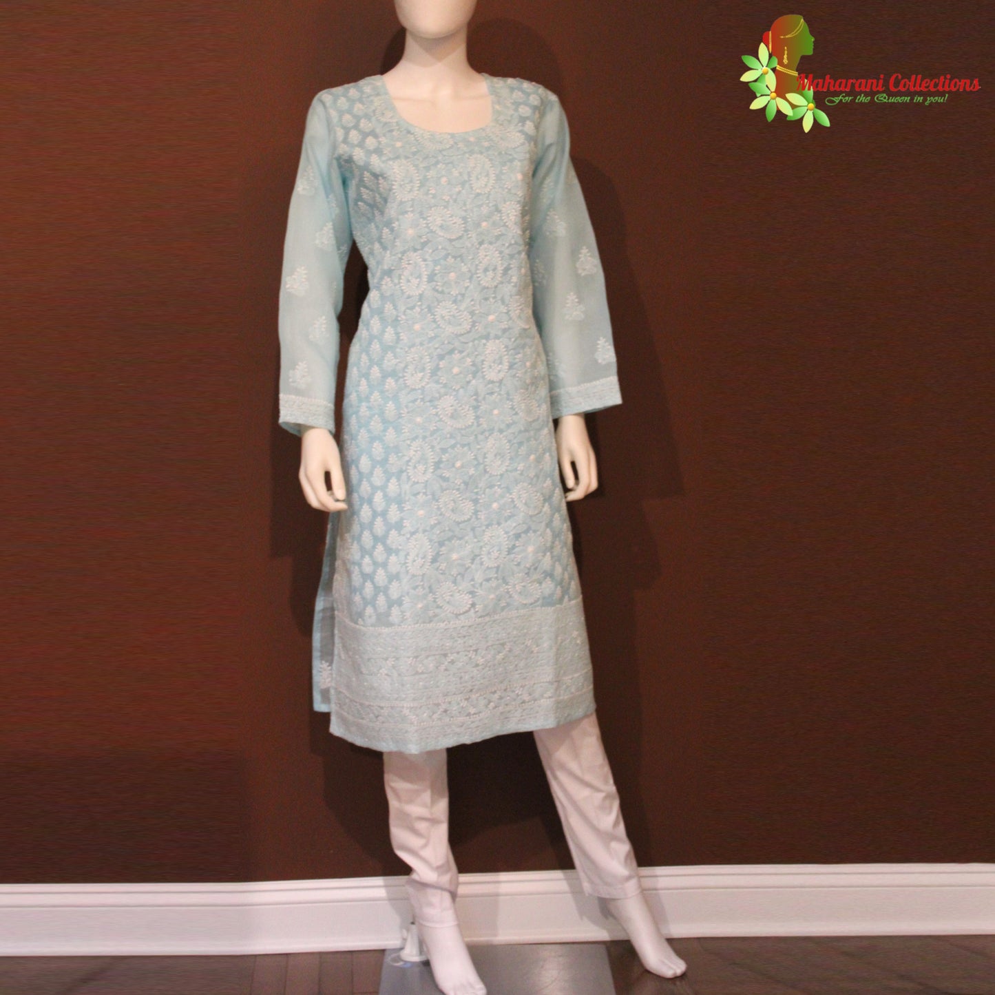 Maharani's Lucknowi Chikankari Pant Suit - Light Blue (XL) - Soft Cotton