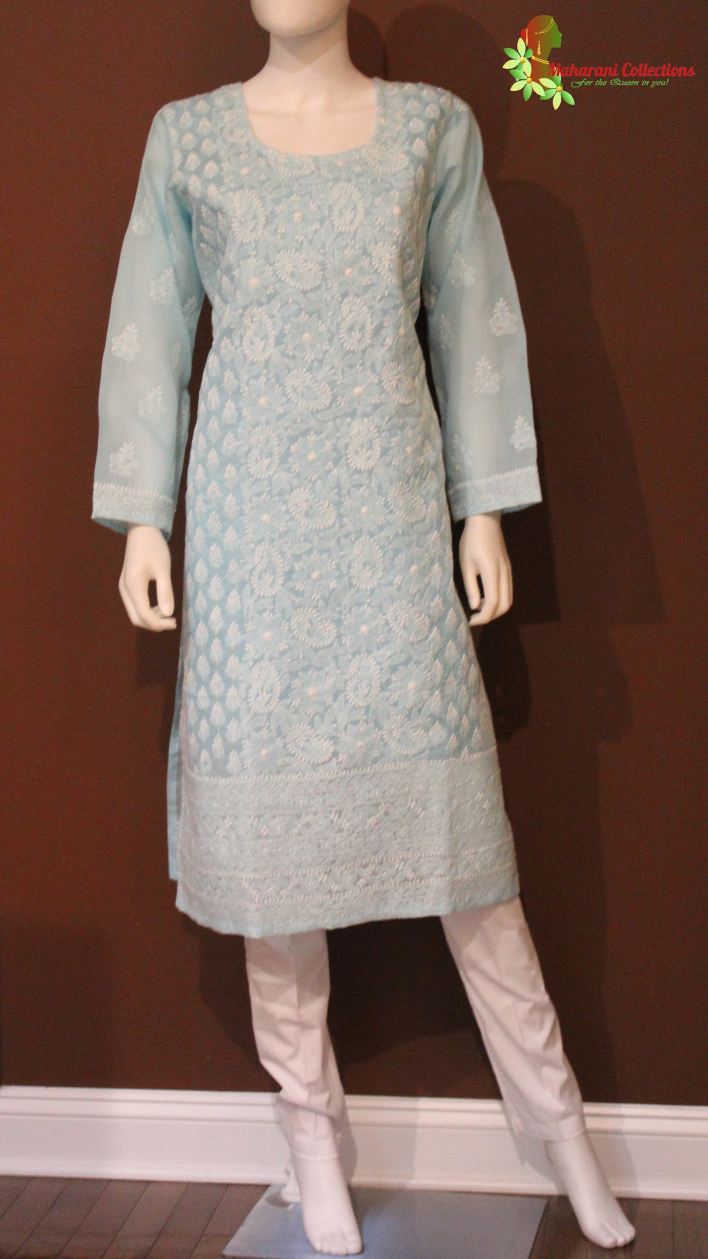 Maharani's Lucknowi Chikankari Pant Suit - Light Blue (XL) - Soft Cotton
