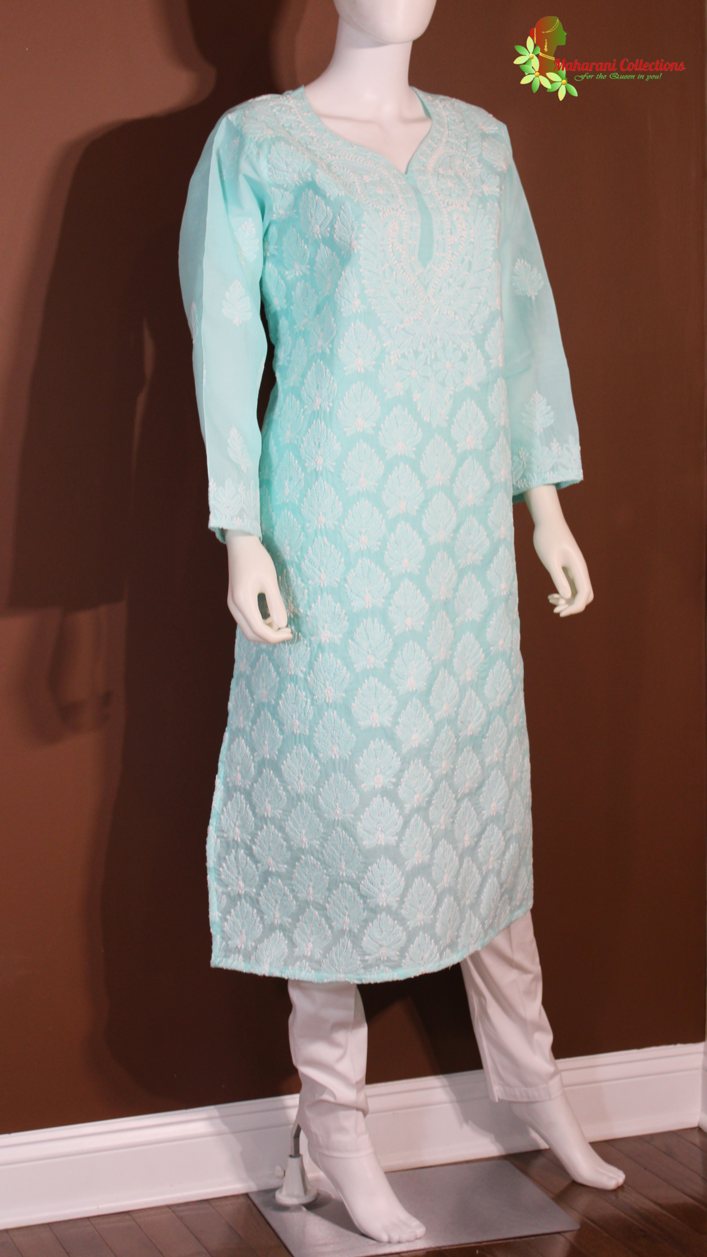 Maharani's Lucknowi Chikankari Pant Suit - Sea Green (XXL) - Pure Cotton
