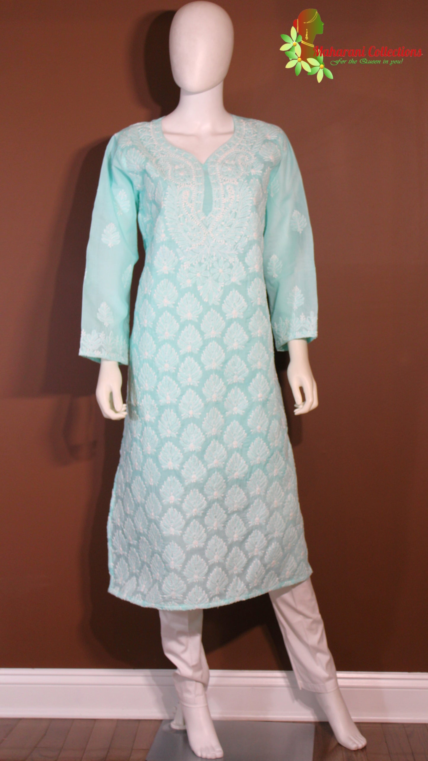 Maharani's Lucknowi Chikankari Pant Suit - Sea Green (XXL) - Pure Cotton