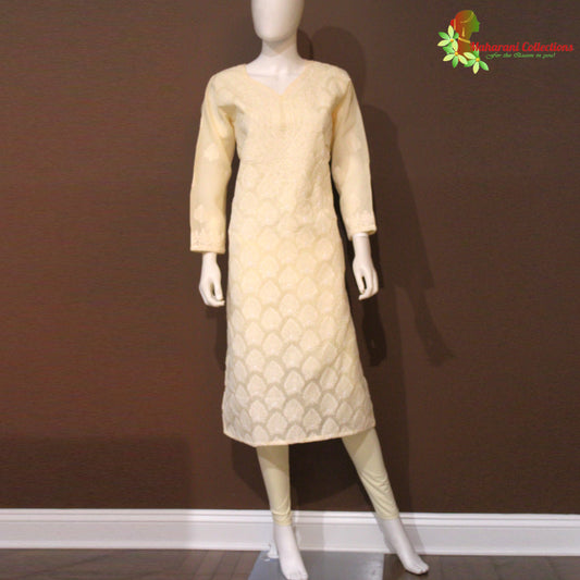 Maharani's Lucknowi Chikankari Pant Suit - Cream (M) - Pure Cotton