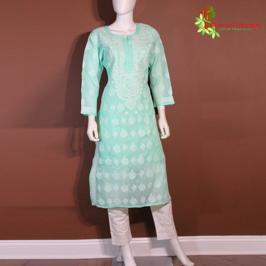 Maharani's Lucknowi Chikankari Pant Suit - Light Sea Green (M) - Pure Cotton